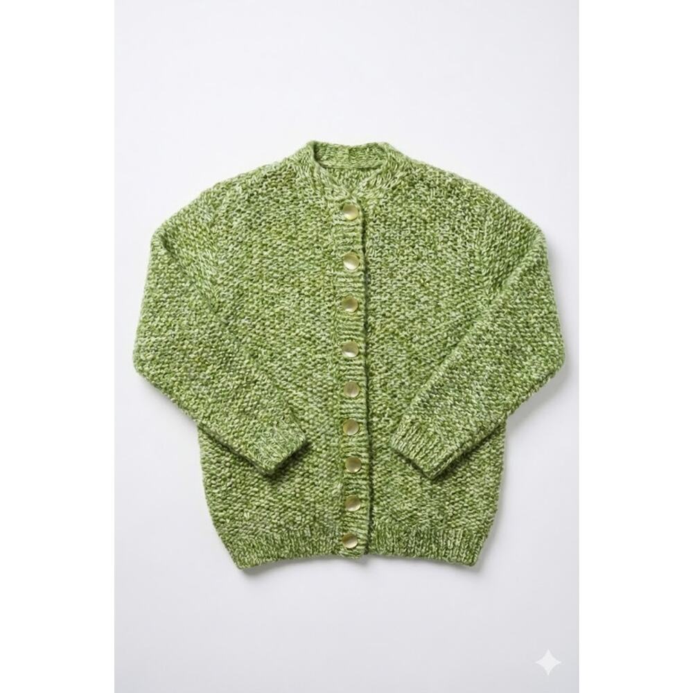 Vintage Handmade Green Marled Chunky Knit Cardigan Sweater Grannycore L